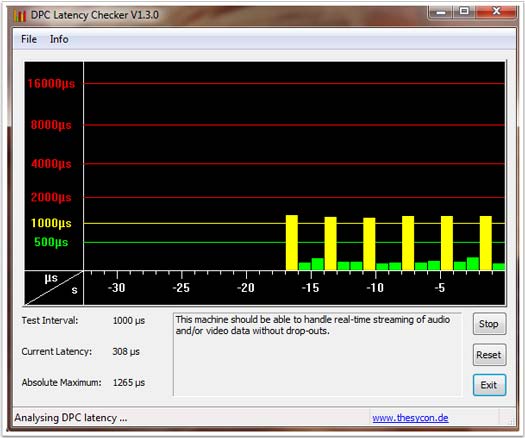 latency status of audio system with yellow warning bars
